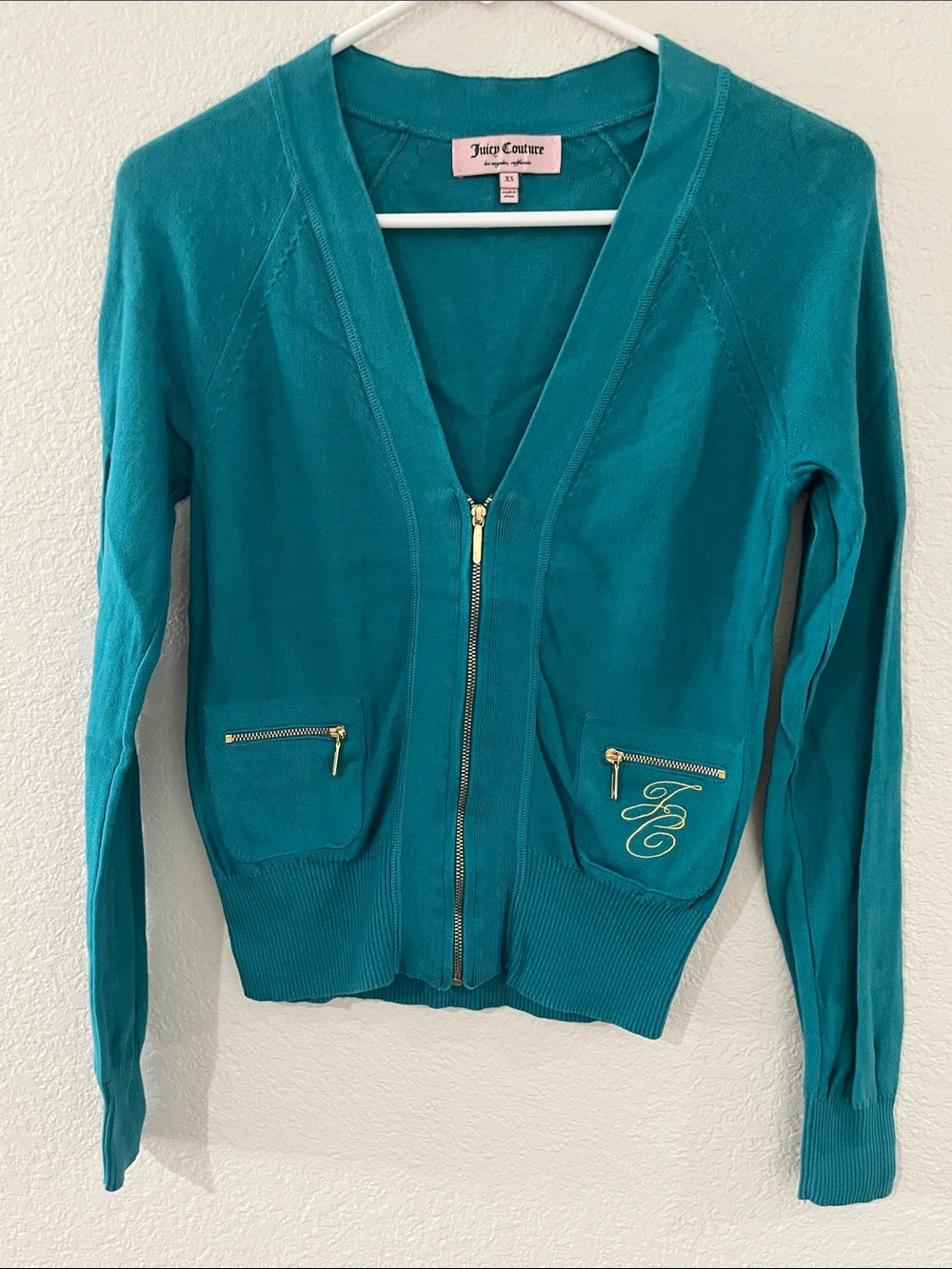 Juicy Couture Teal V-Neck Zip Cardigan with Gold Trim